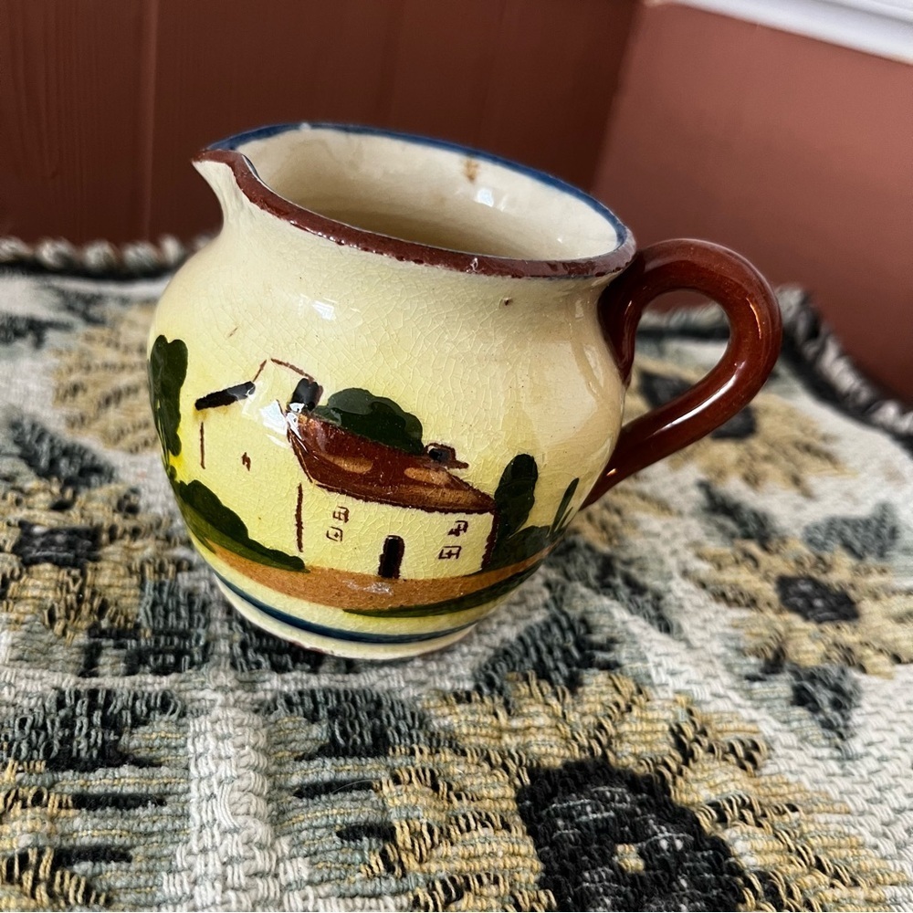Hand-Painted Ceramic Pitcher with Rustic Scene